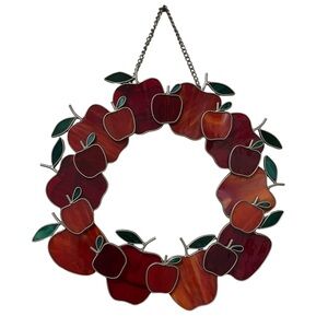 Vintage 90s Stained Glass Style Apple Wreath Window Hanging Suncatcher